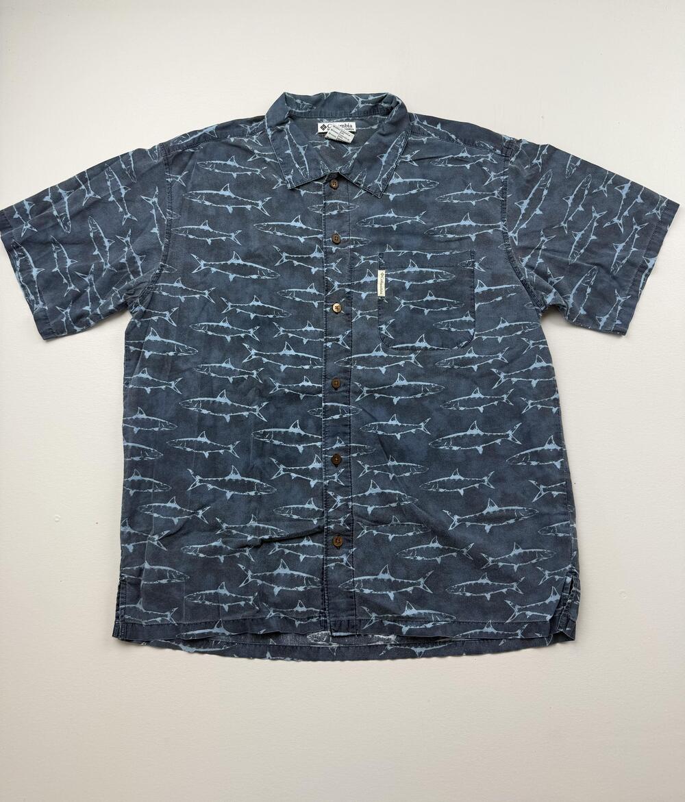 Columbia Shirt Mens Medium Blue Shark Print Short Sleeve Button Up Casual
